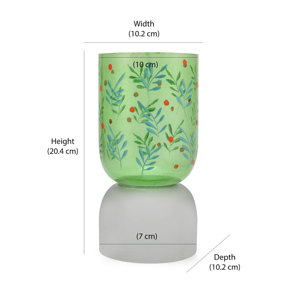 Hand-Painted Dual Arch Leaf Design Glass Candle Holder- Green