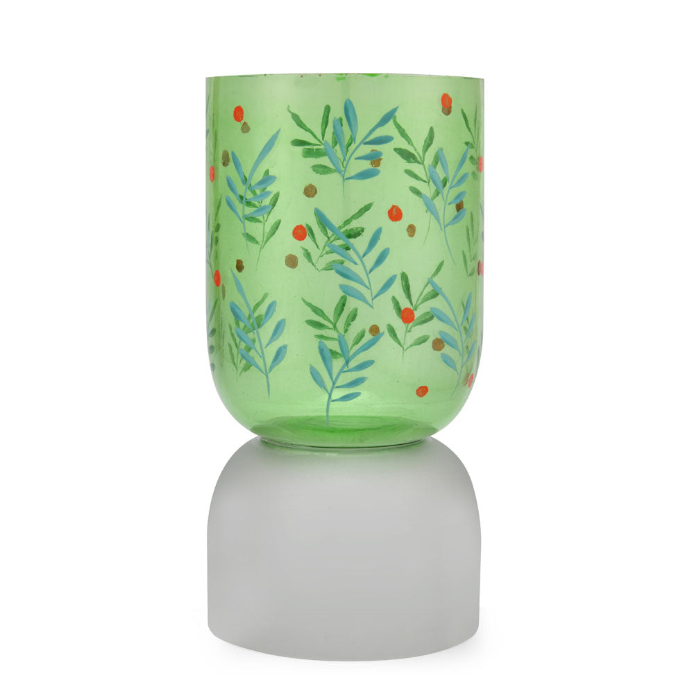 Hand-Painted Dual Arch Leaf Design Glass Candle Holder- Green