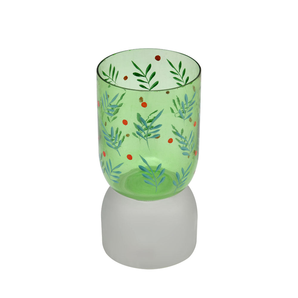 Hand-Painted Dual Arch Leaf Design Glass Candle Holder- Green