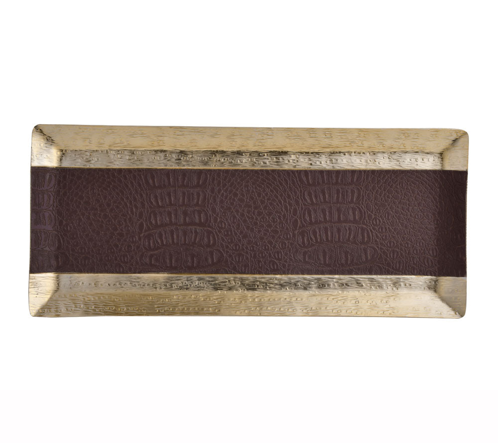 Faux Leather and Metal Decorative Platter (Brown and Gold)
