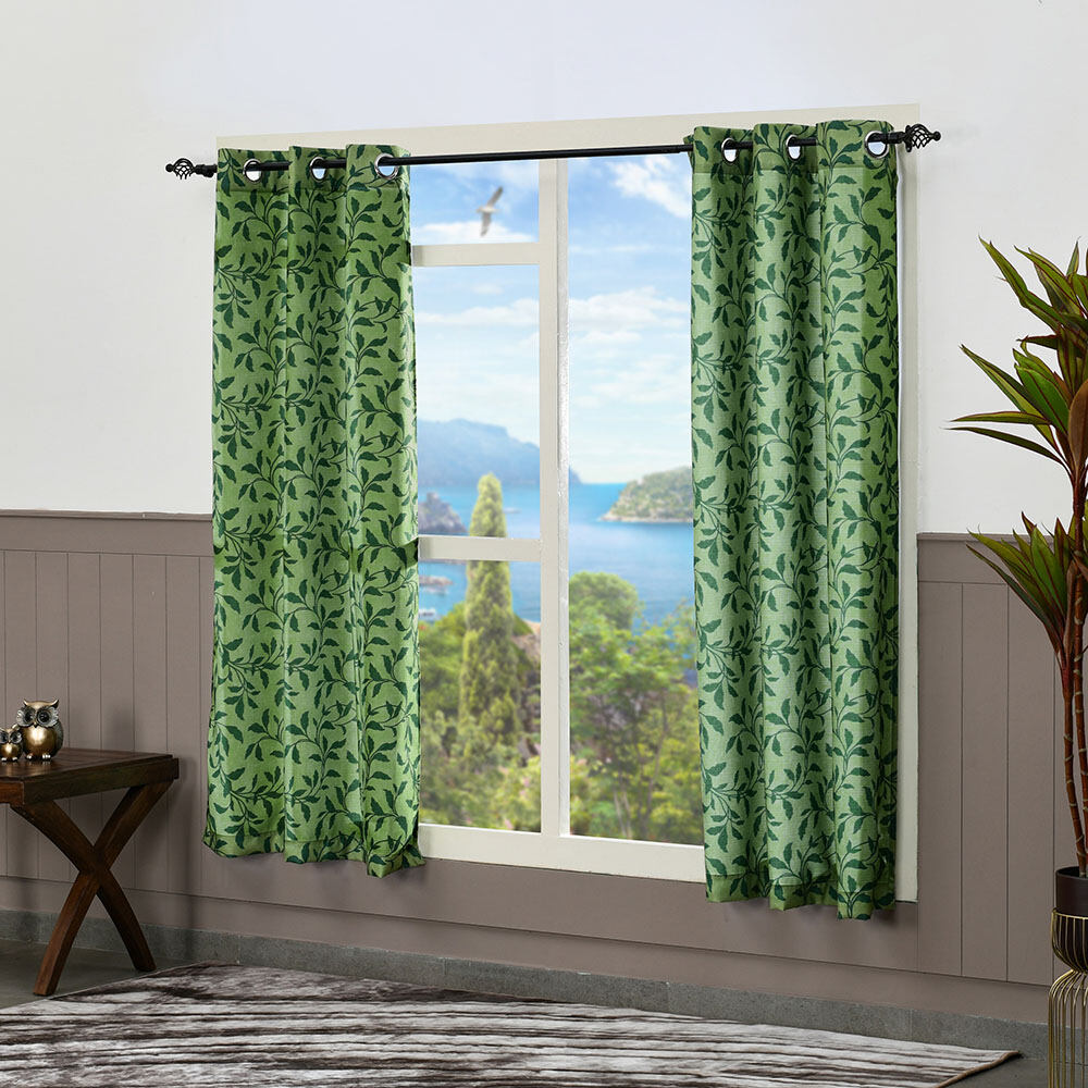 Nilkamal Leaf Design 5 Ft Polyester Window Curtains Set Of 2 Green