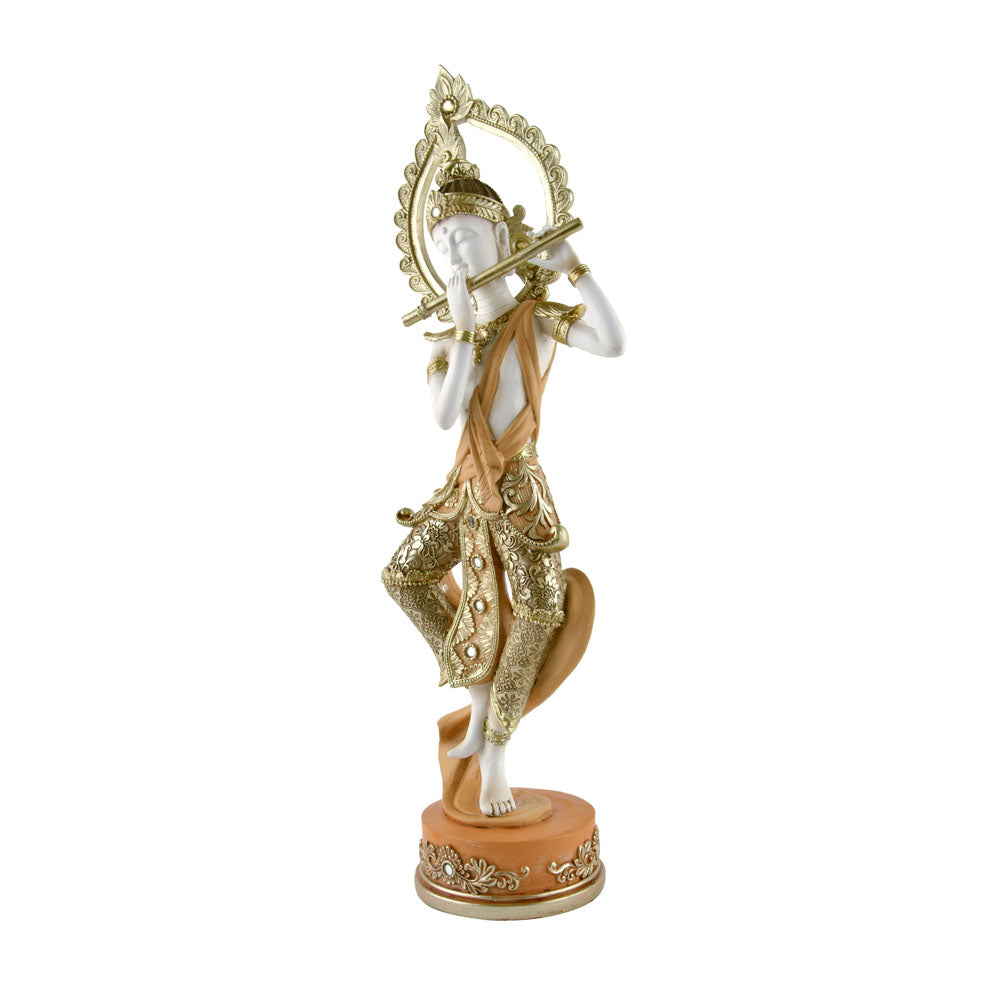 Buddha Standing With Flute Decorative Polyresin Showpiece (Cream)