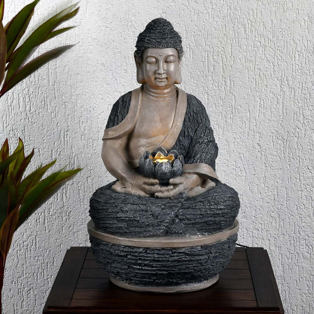 Nilkamal Buddha with Floral Bowl Indoor Outdoor Water Fountain (Grey)