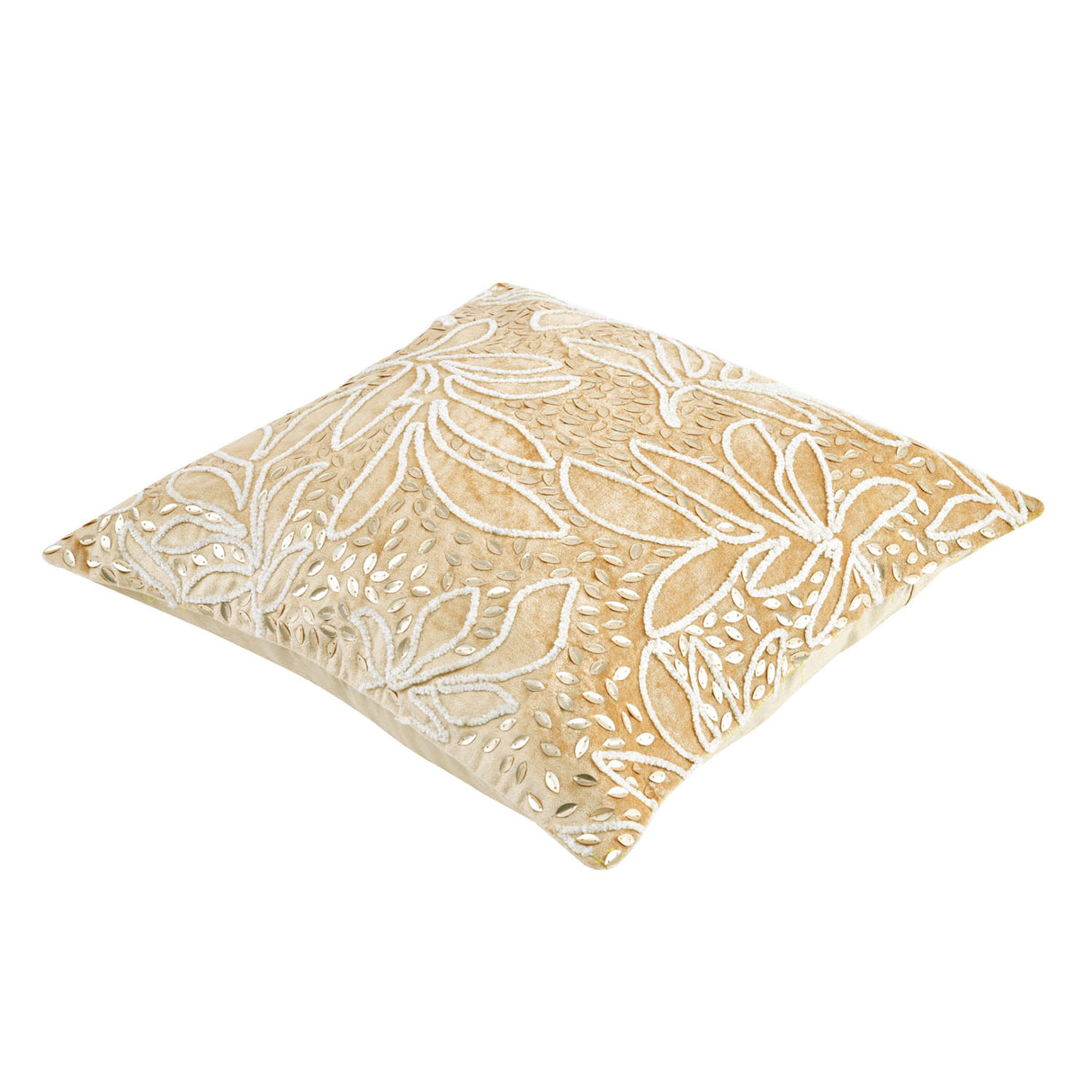 Floral Beaded 16" x 16" Cushion Cover (Gold)