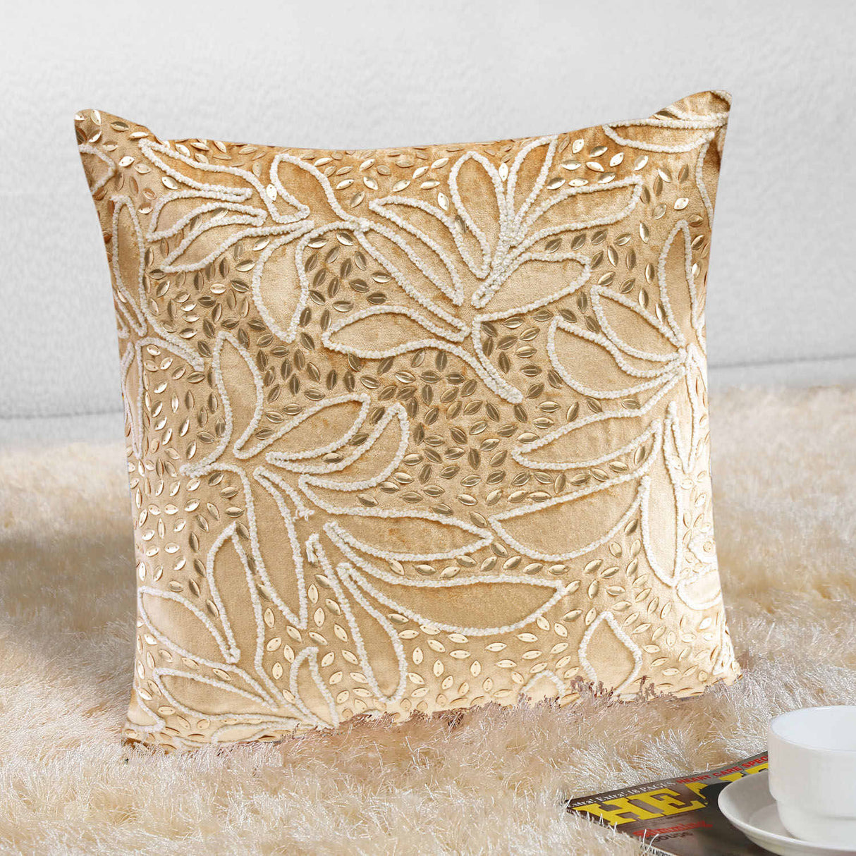 Nilkamal Floral Beaded 16" x 16" Cushion Cover (Gold) - 01