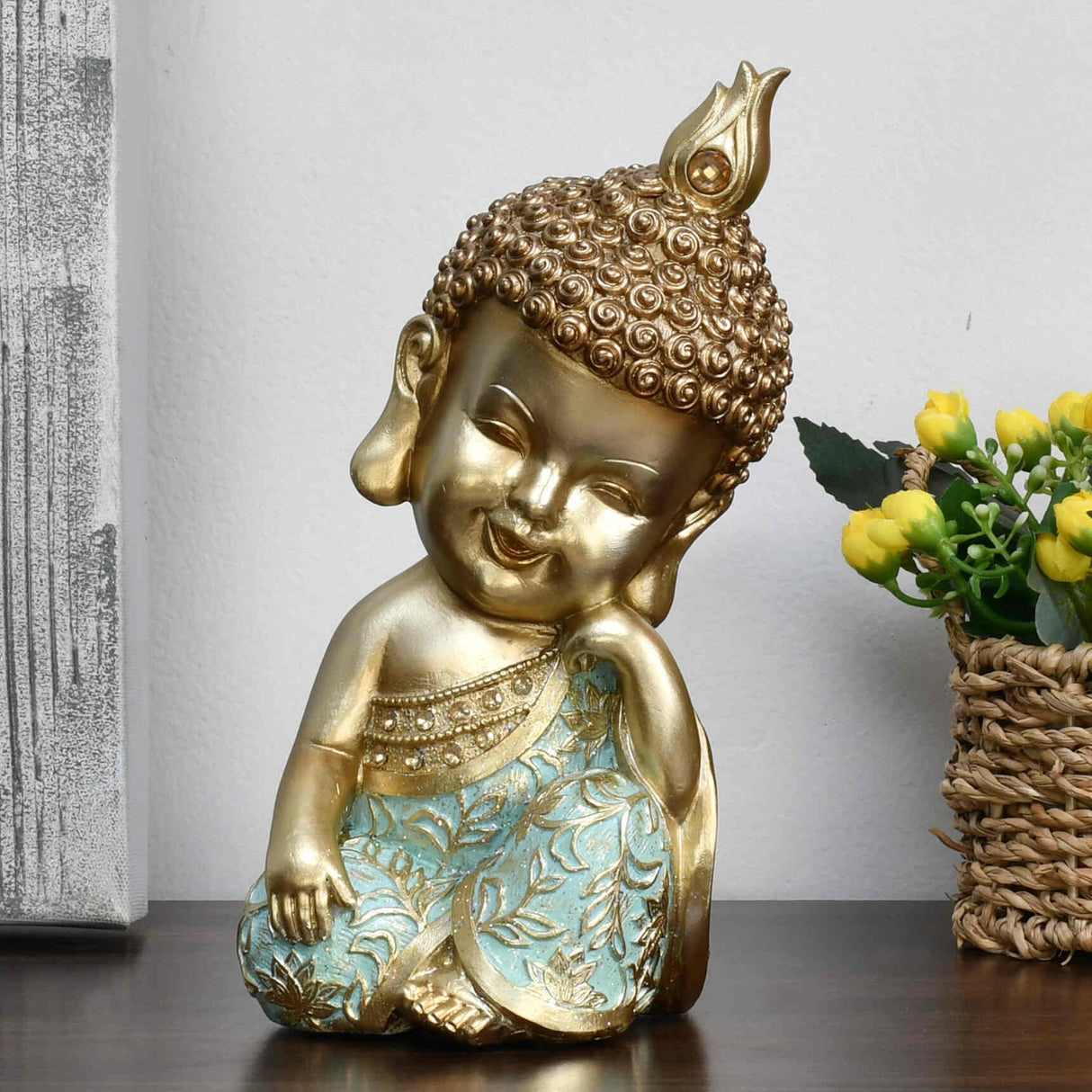 Nilkamal Baby Monk Resting Decorative Polyresin Showpiece (Mint & Gold)