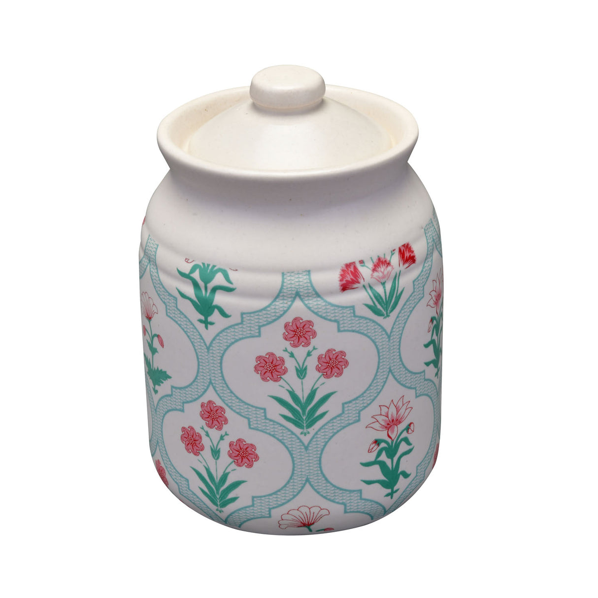 Floral 500 ml Stoneware Jar Container with Lid (Green)