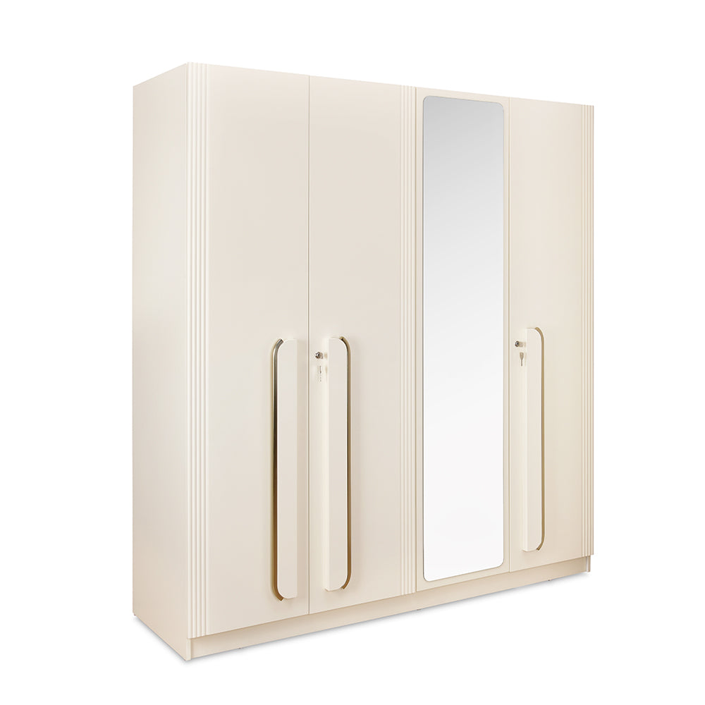 Phoenix 4 Door Wardrobe with Mirror and LED Light (Beige)
