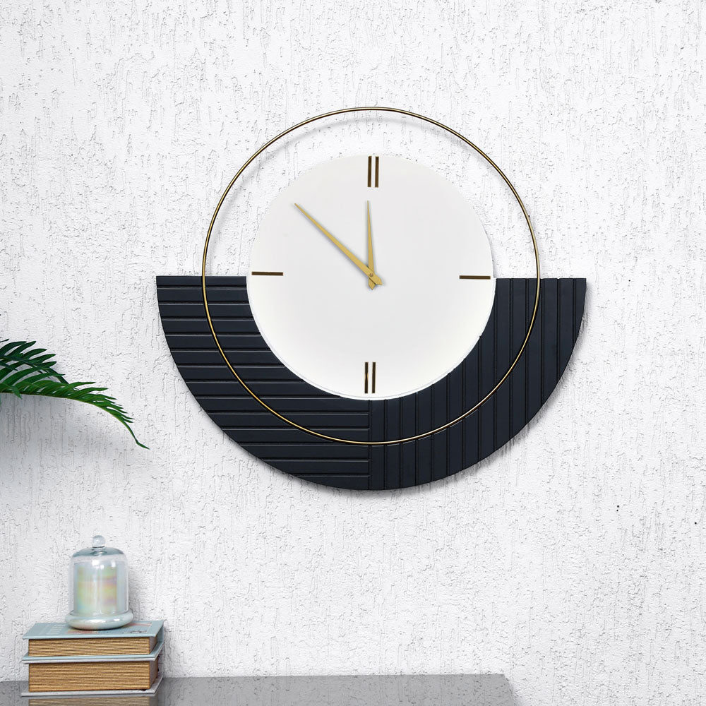 Nilkamal Semi Circular Wooden And Metal Wall Clock Black White