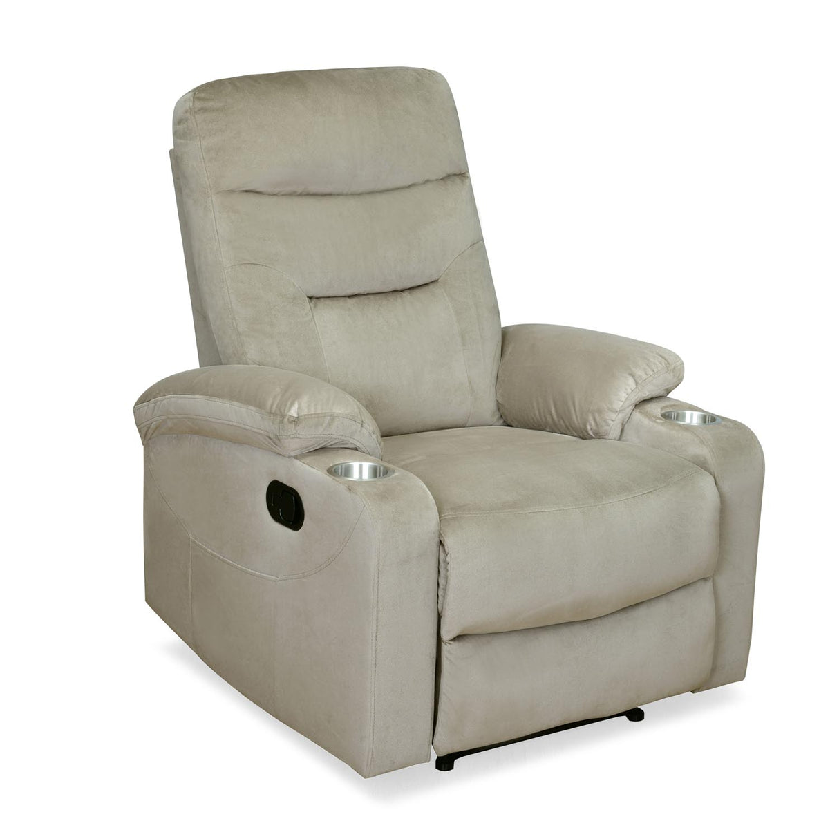 Beige recliner massage chair with cushioned armrests inclined side view 2