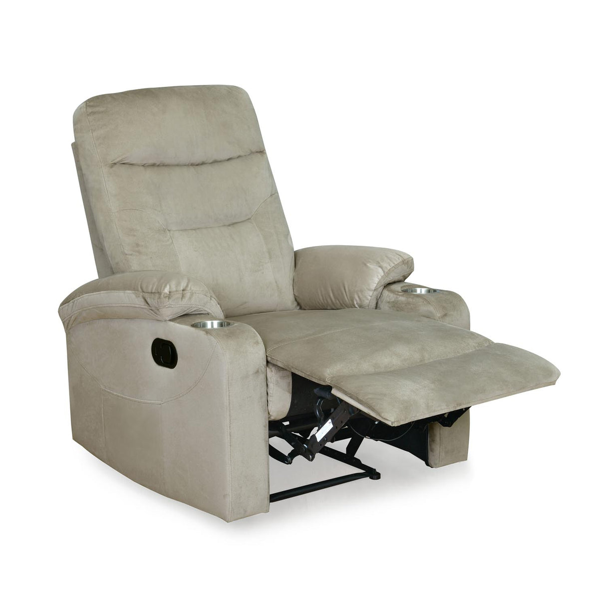 Beige recliner chair with extended footrest open inclined side view 2