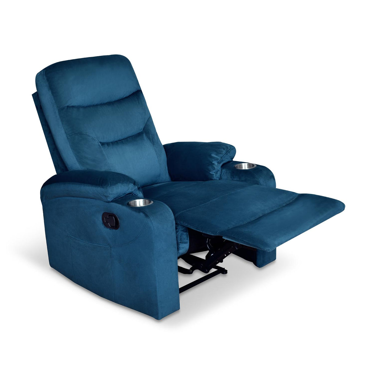 Blue recliner chair with extended footrest open inclined side view 2