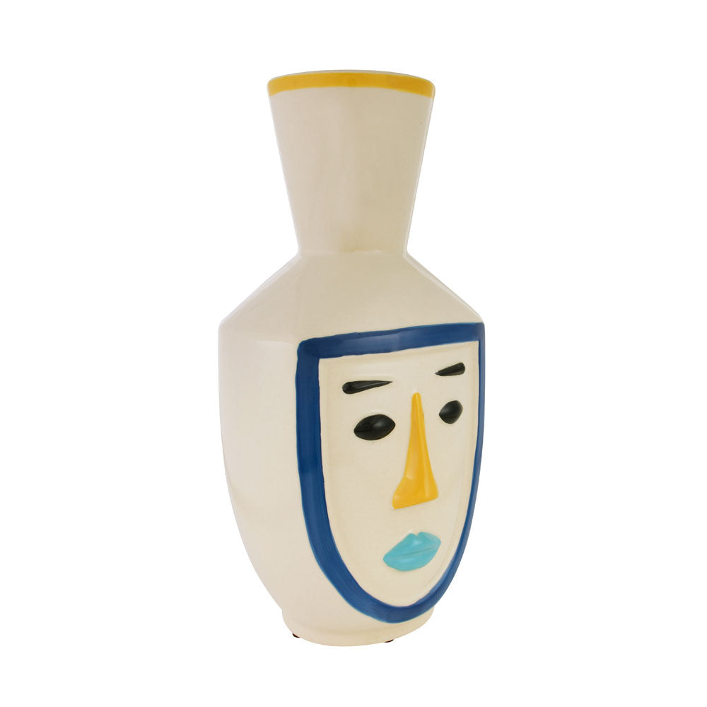 Decorative Girl Face Long Neck Ceramic Vase (Multicolor)