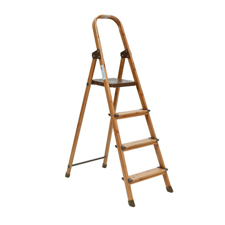 4 Steps Wooden Finished Foldable Aluminum Ladder- Brown