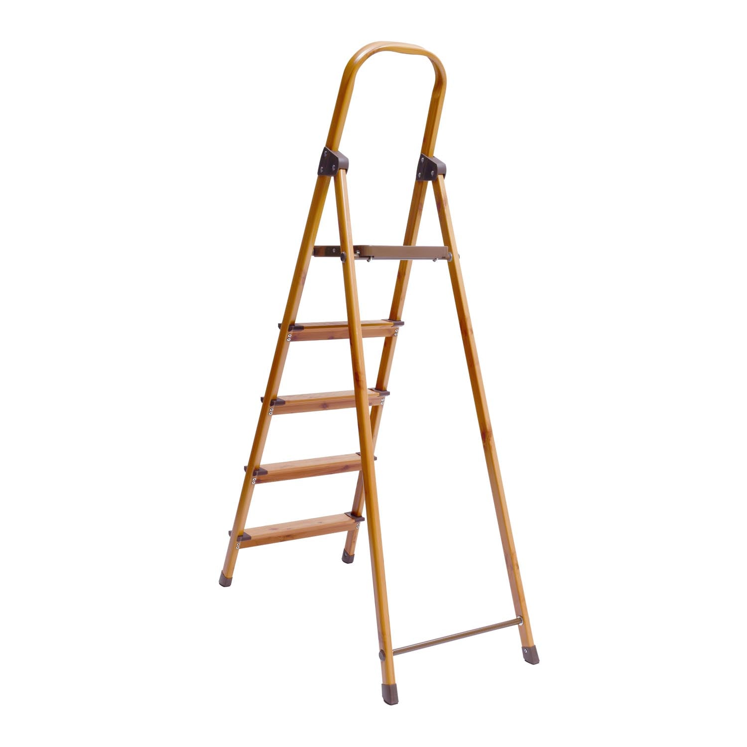 5 Steps Wooden Finished Foldable Aluminum Ladder- Brown