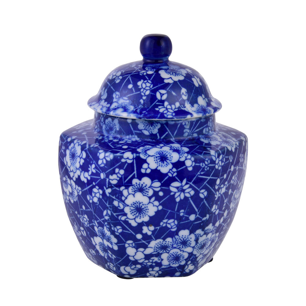 Decorative Hexagonal Porcelain Jar Vase with Lid (Blue & White)