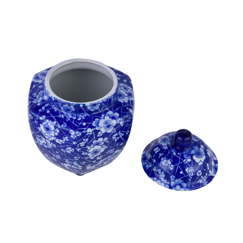 Decorative Hexagonal Porcelain Jar Vase with Lid (Blue & White)