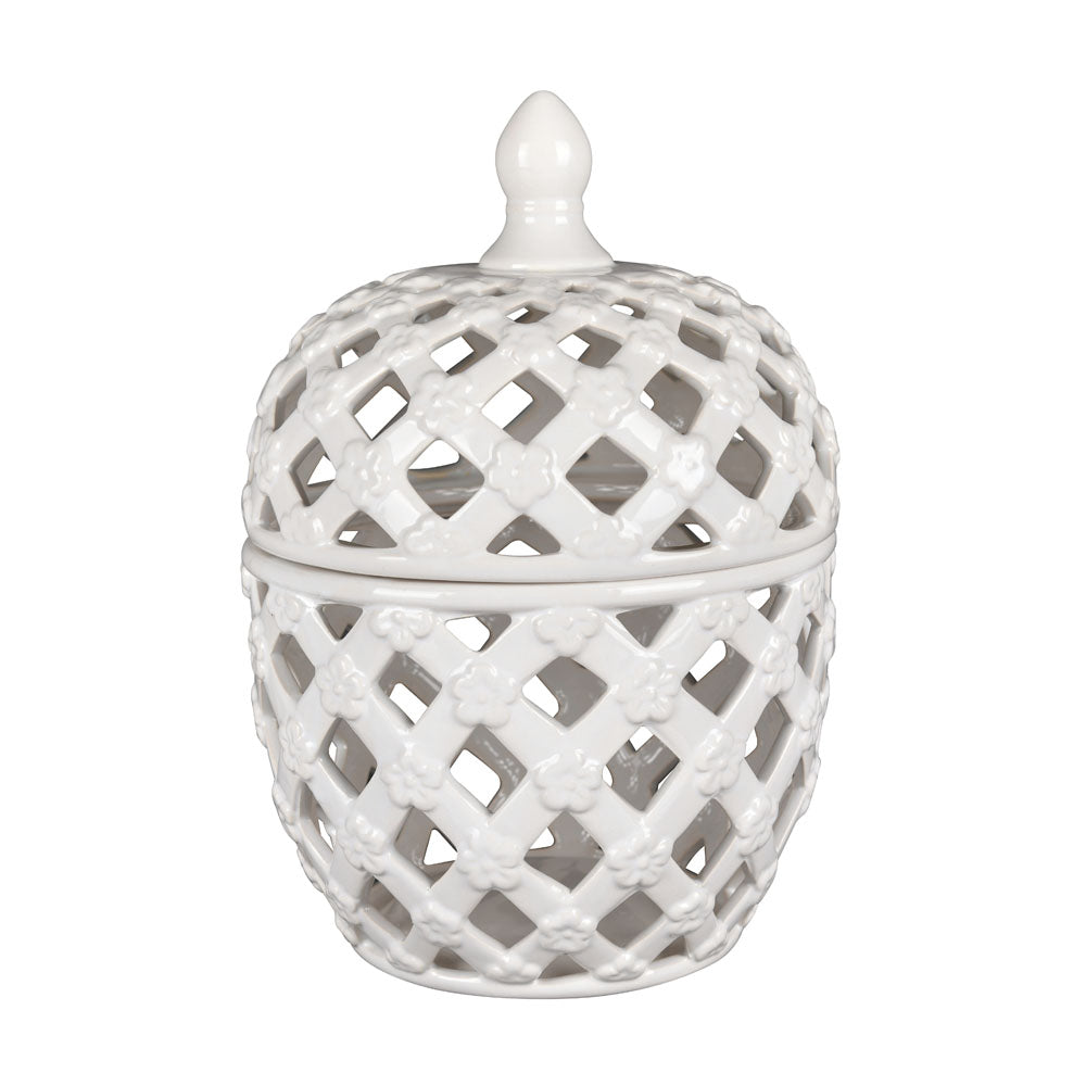 Decorative Rhombus Ceramic Jar Vase with Lid (White)