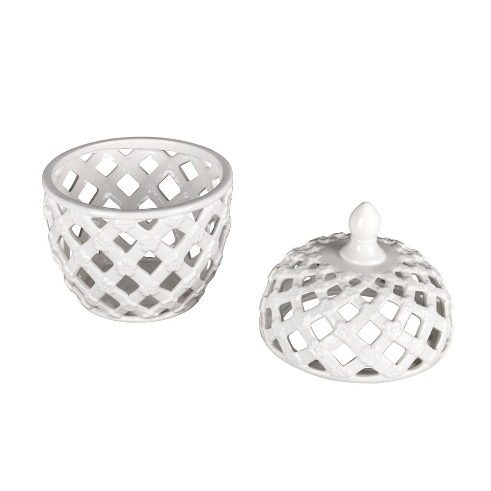 Decorative Rhombus Ceramic Jar Vase with Lid (White)