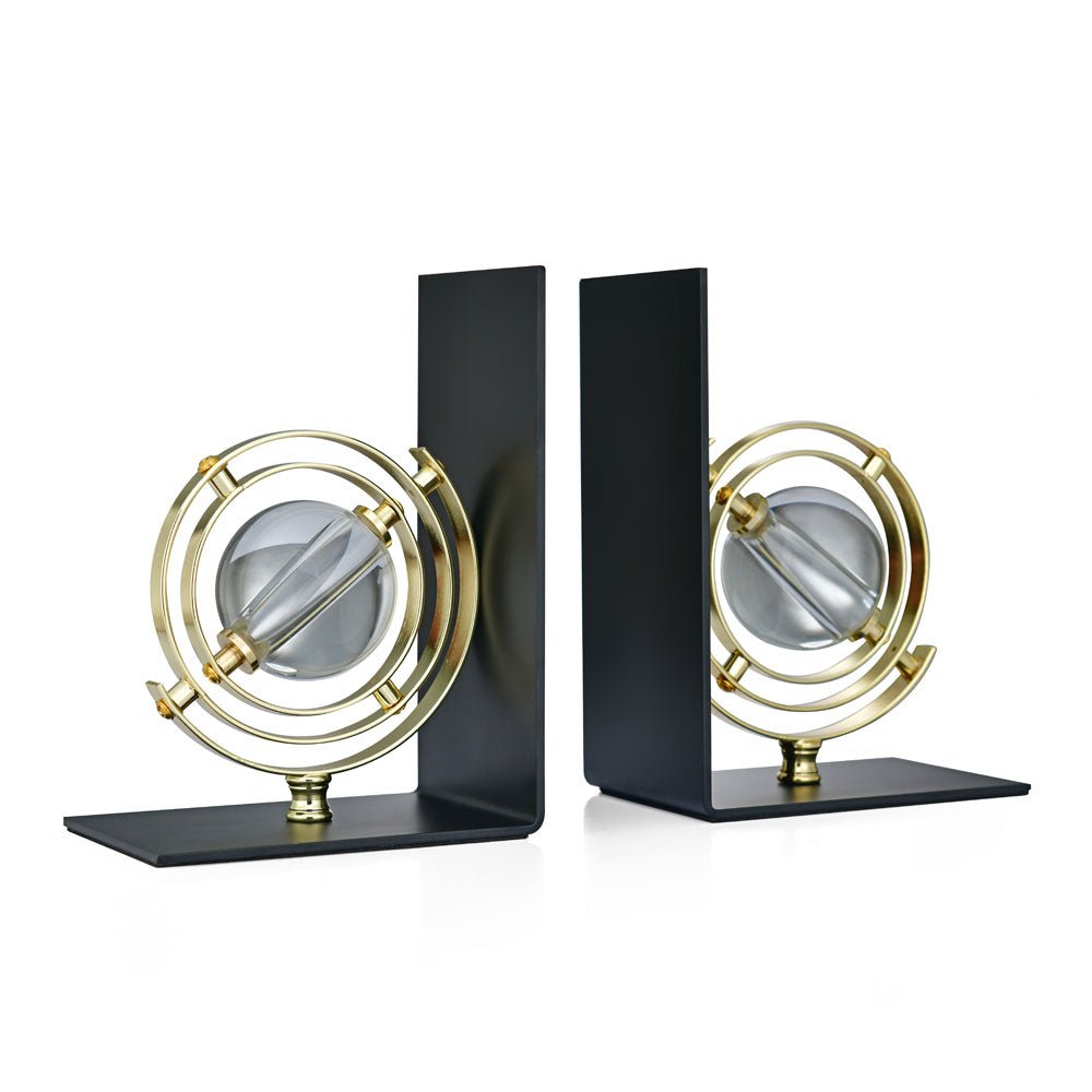 Iron & Crystal Globe Bookends- Black & Gold