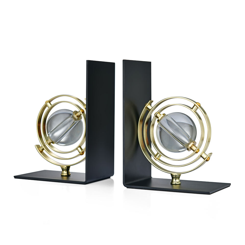 Iron & Crystal Globe Bookends- Black & Gold