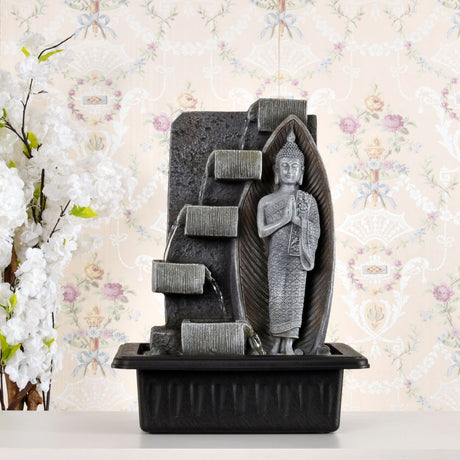 Nilkamal Standing Buddha Water Fountain With Led Light Grey Black