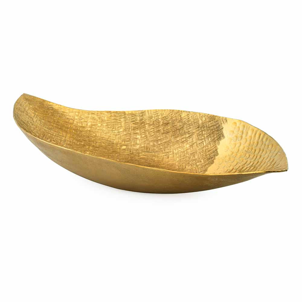 Criss Cross Textured Boat Shaped Metal Decorative Platter- Gold