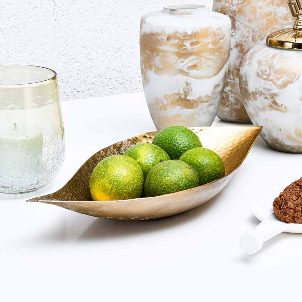 Criss Cross Textured Boat Shaped Metal Decorative Platter- Gold