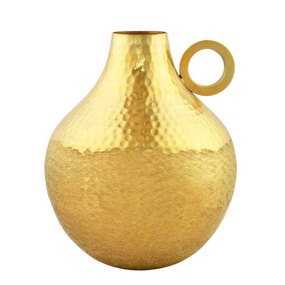 Criss Cross Textured Matki Shaped Large Metal Vase- Gold