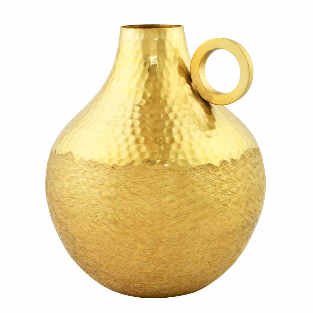 Criss Cross Textured Matki Shaped Large Metal Vase- Gold