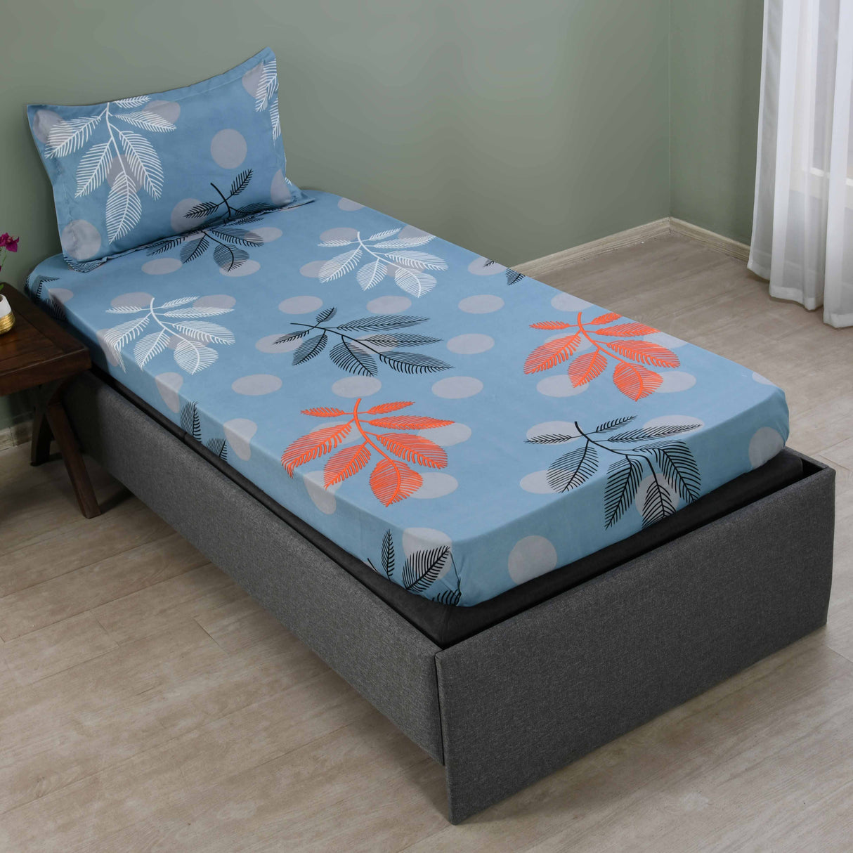 Ammara Leaf Design Polyester Single Bedsheet with 1 Pillow Cover- Blue & Grey