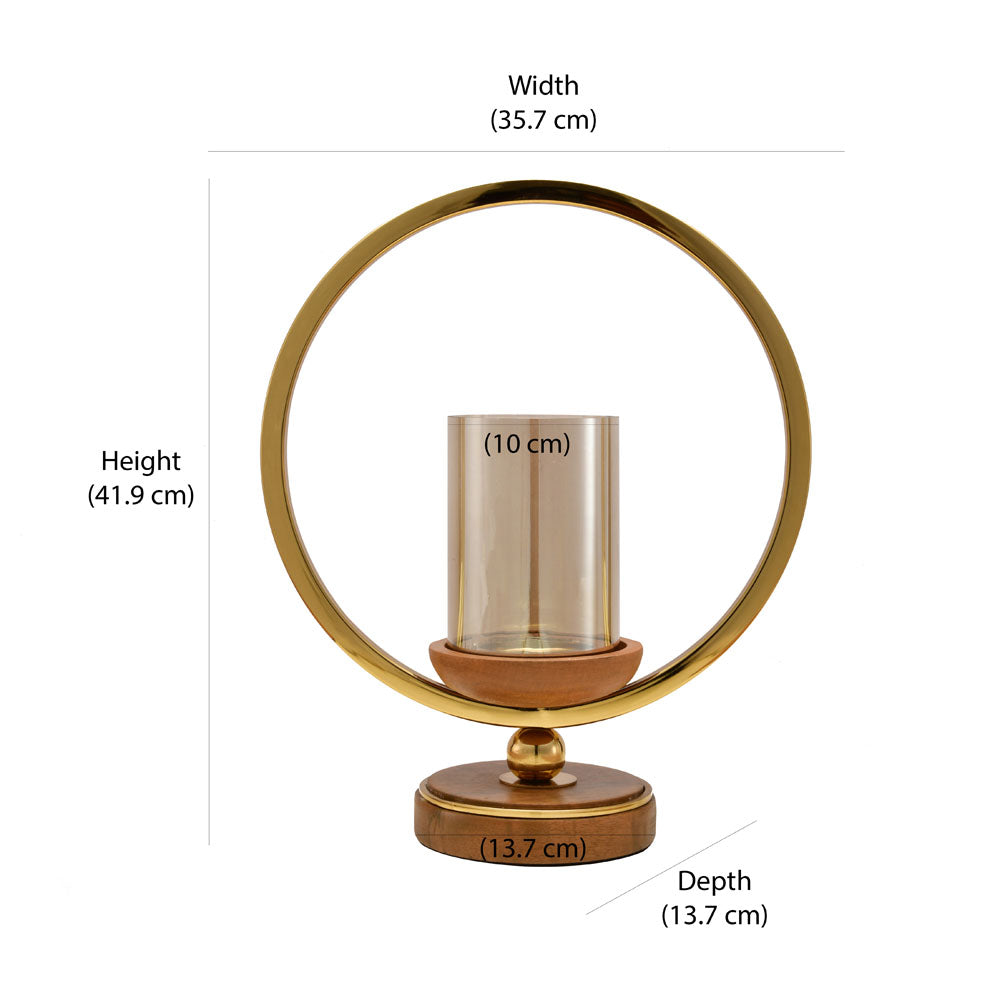 Decorative Circular Ring Wooden & Glass Candle Holder (Large, Gold & Brown)