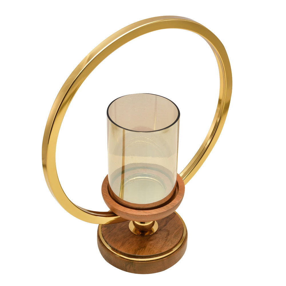 Decorative Circular Ring Wooden & Glass Candle Holder (Large, Gold & Brown)