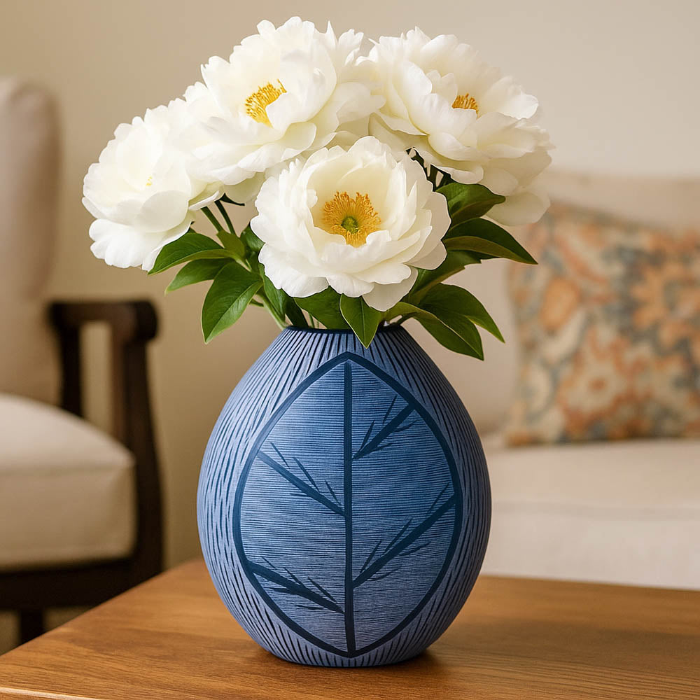 Decorative Leaf Etched Glass Vase Small- Blue