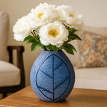 Decorative Leaf Etched Glass Vase Small- Blue