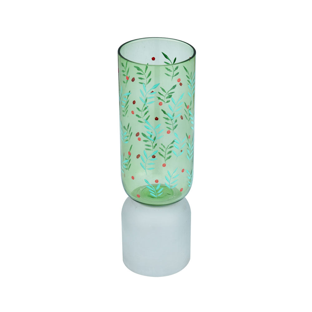 Hand-painted Dual Arch Leaf Design Large Glass Vase- Green