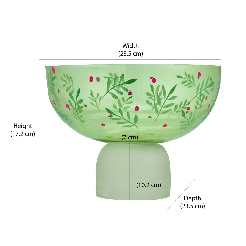 Hand-Painted Leaf Design Glass Urli Bowl With Base- Green
