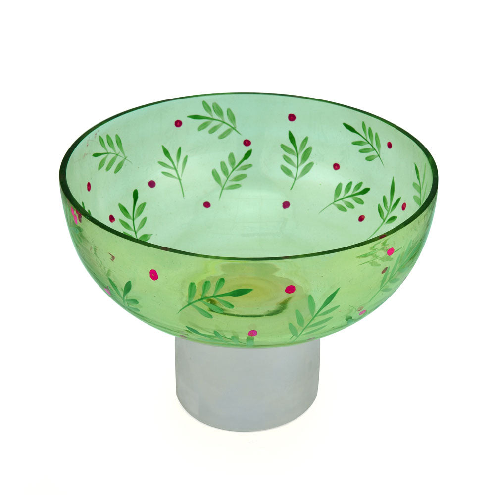 Hand-Painted Leaf Design Glass Urli Bowl With Base- Green