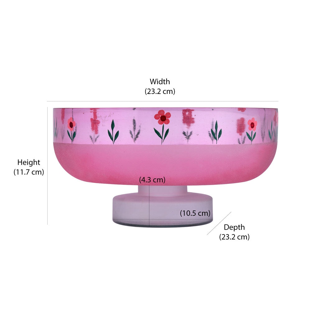 Hand-Painted Floral Glass Urli Bowl With Base- Pink