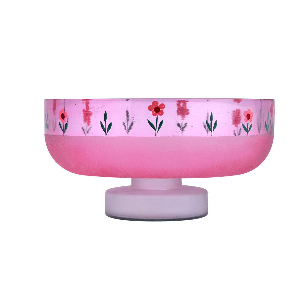 Hand-Painted Floral Glass Urli Bowl With Base- Pink