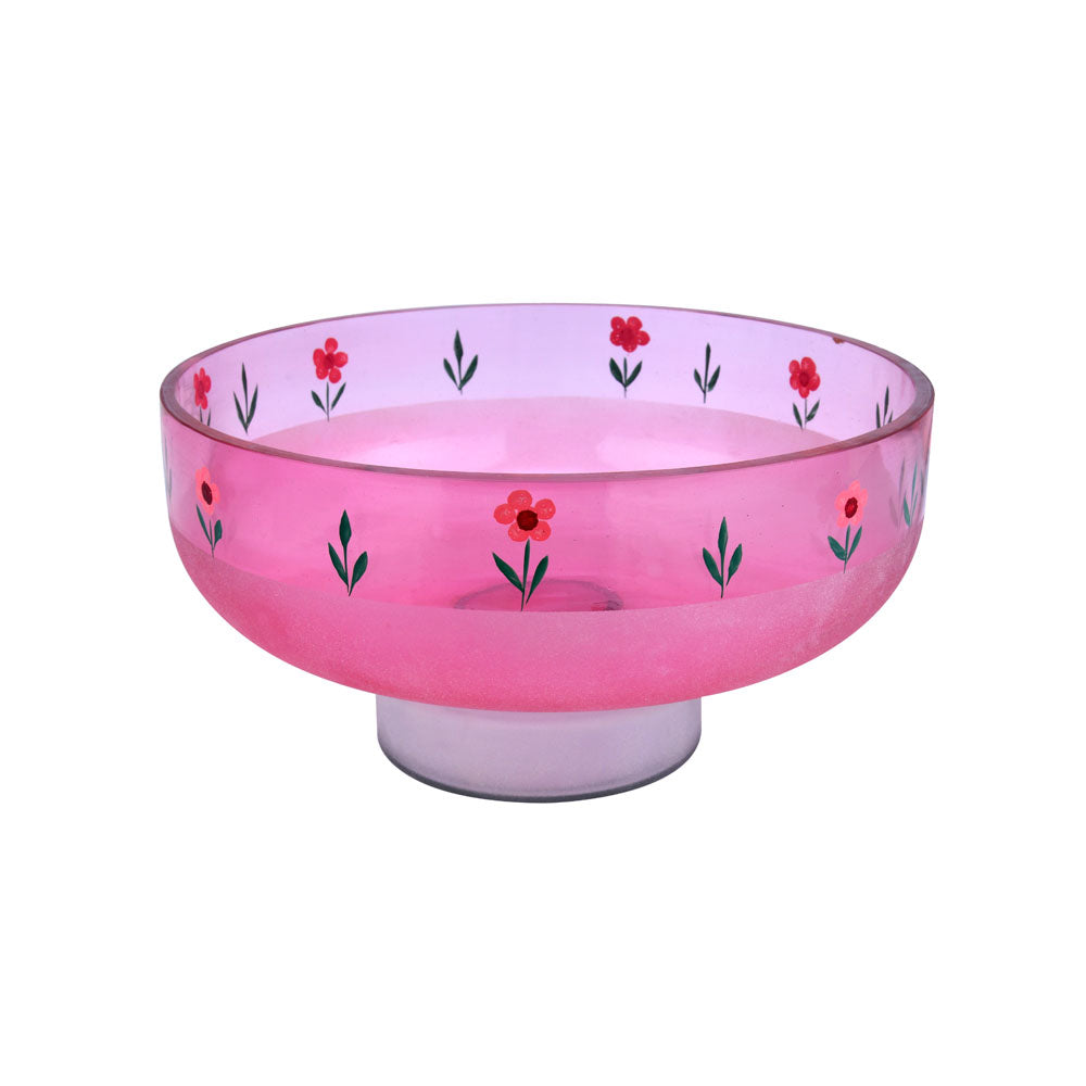 Hand-Painted Floral Glass Urli Bowl With Base- Pink
