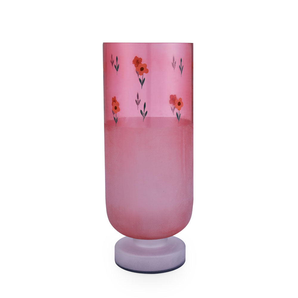 Hand-painted Floral Frost Large Glass Vase- Pink