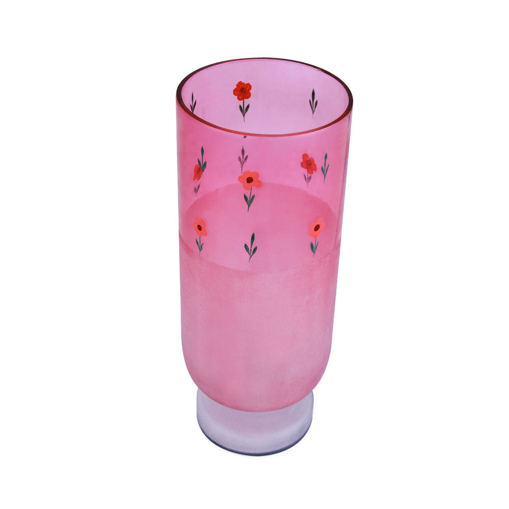 Hand-painted Floral Frost Large Glass Vase- Pink