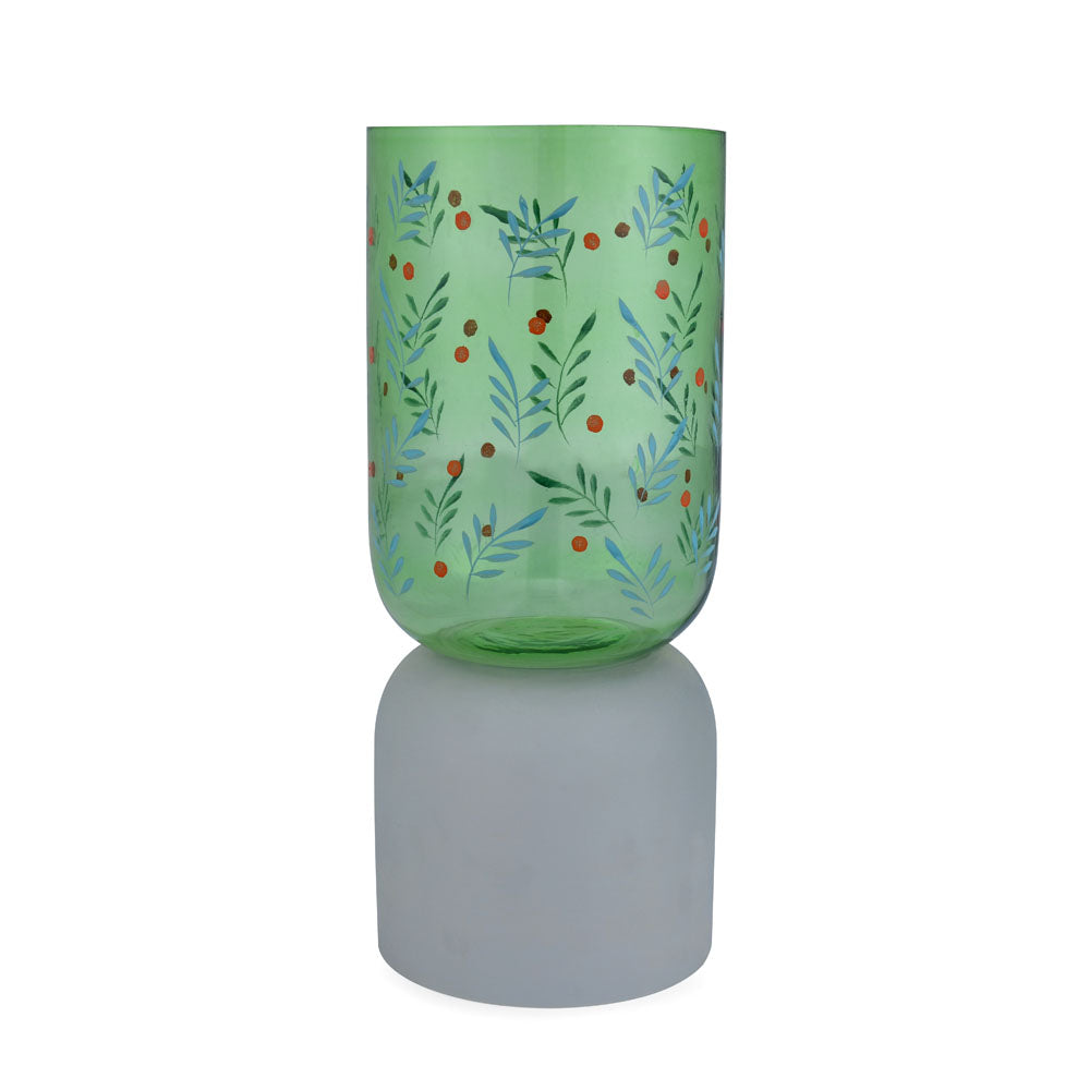 Hand-painted Dual Arch Leaf Design Small Glass Vase- Green