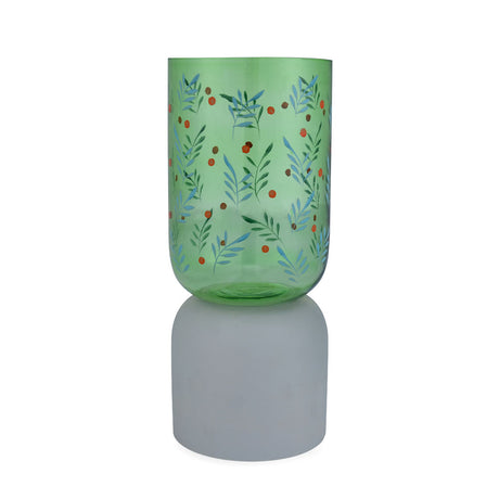 Hand-painted Dual Arch Leaf Design Small Glass Vase- Green