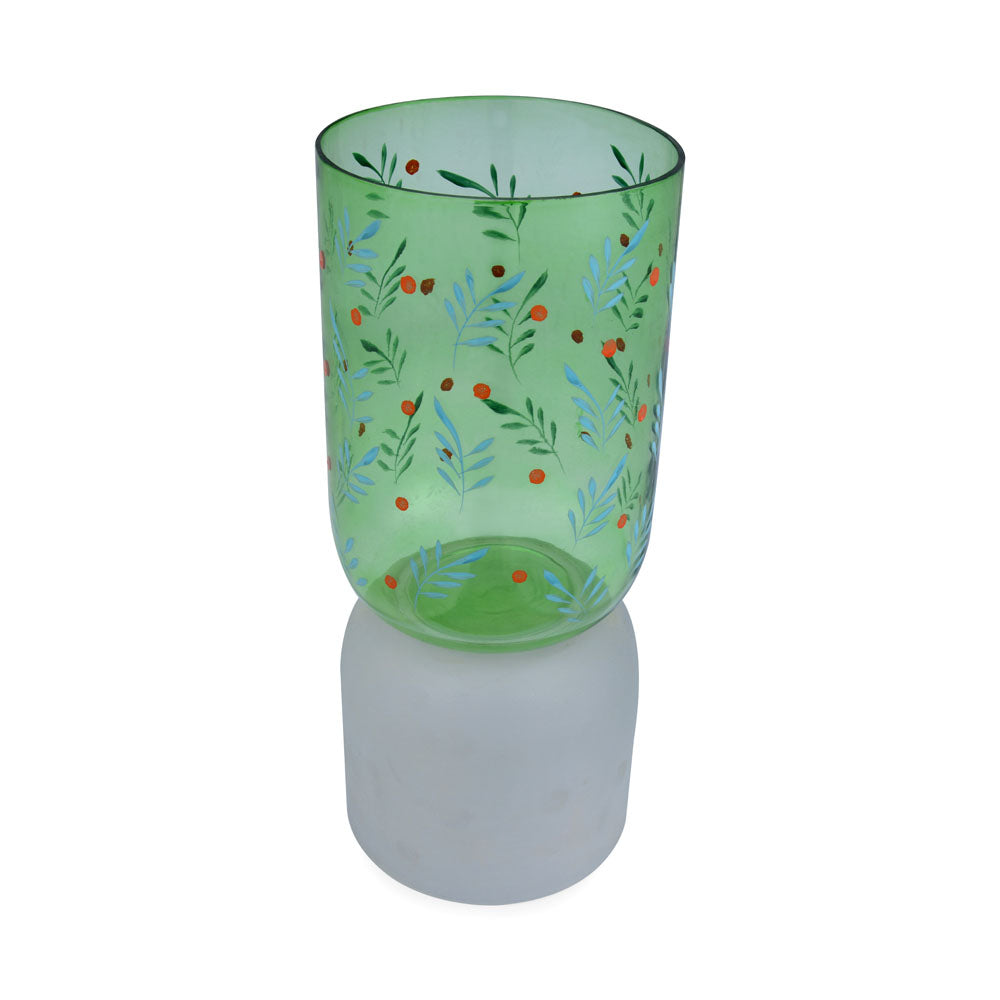 Hand-painted Dual Arch Leaf Design Small Glass Vase- Green