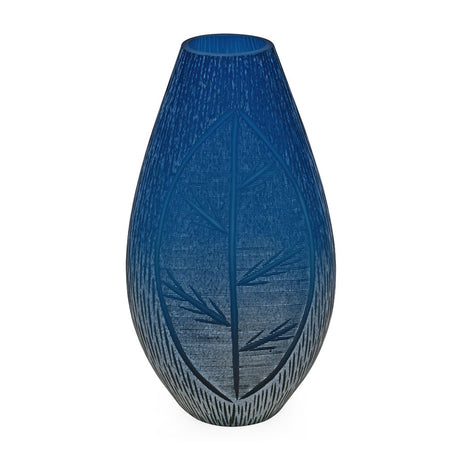 Decorative Leaf Etched Glass Vase Large- Blue