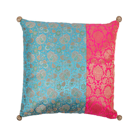 Brocade Floral Polyester 16" x 16" Filled Cushion (Pink & Blue)
