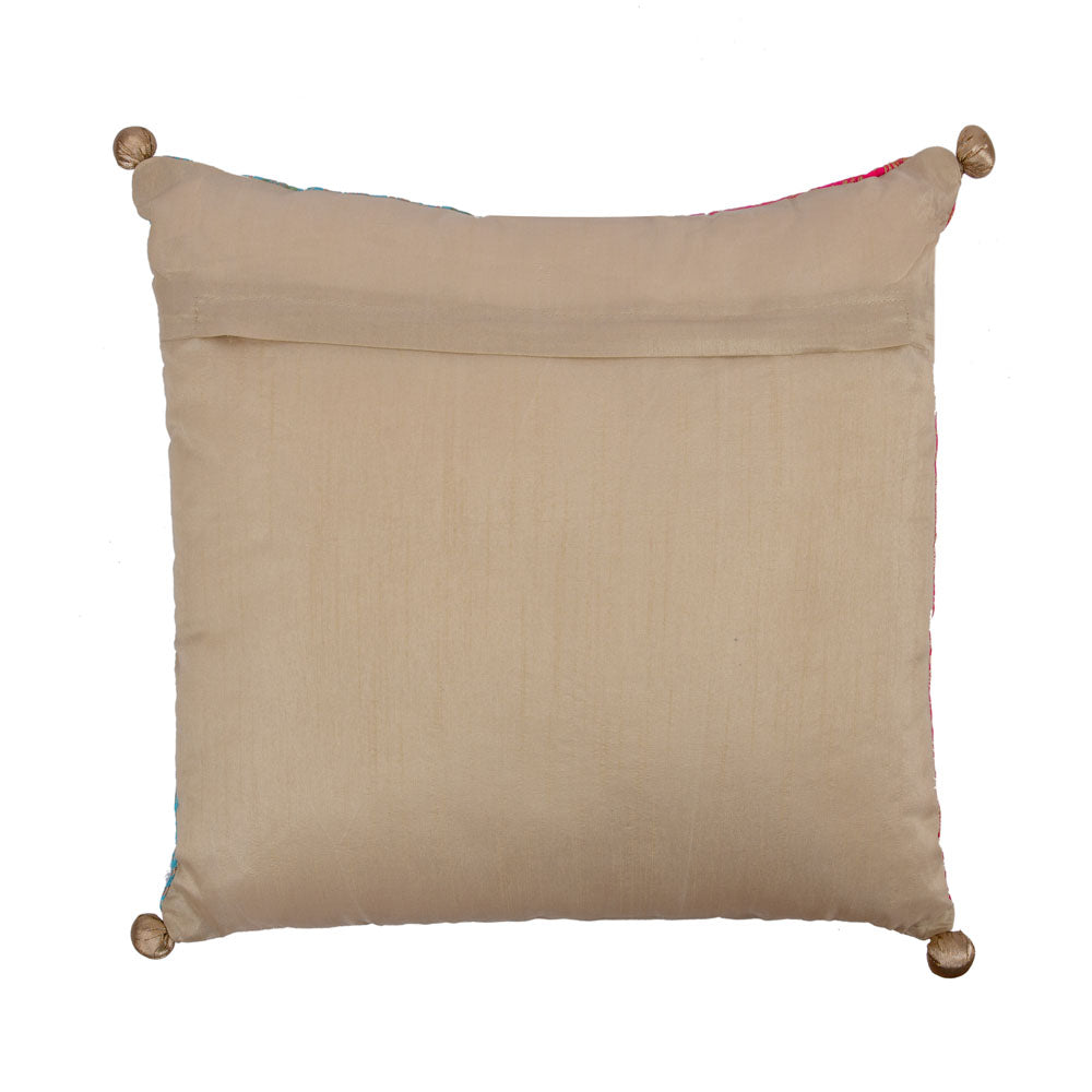 Brocade Floral Polyester 16" x 16" Filled Cushion (Pink & Blue)