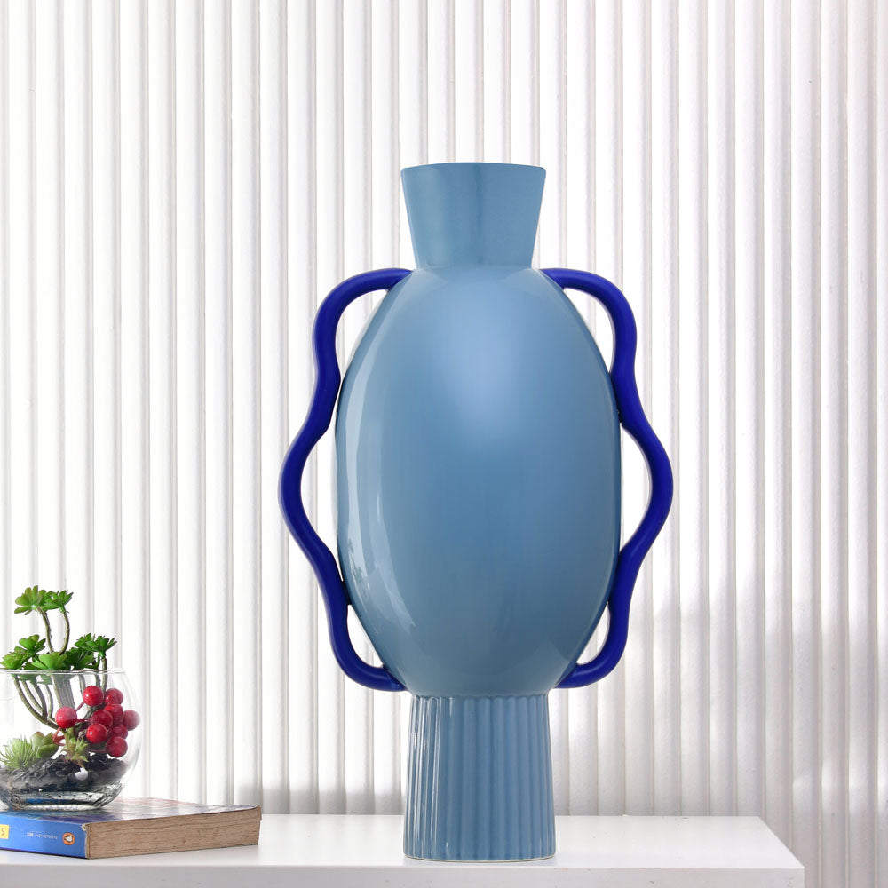 Nilkamal Decorative Semi Fluted Design Dolomite Vase With 2 Handles (Blue)